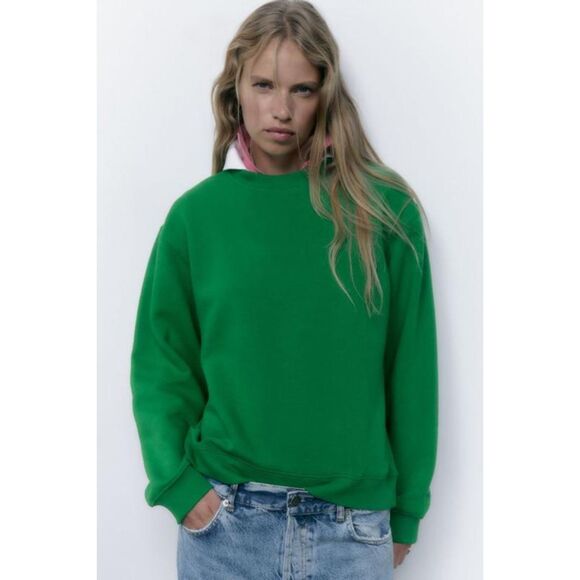 Green Zara Crew Neck Long Sleeve Cotton Pullover Sweatshirt (NWT) - Picture 1 of 9